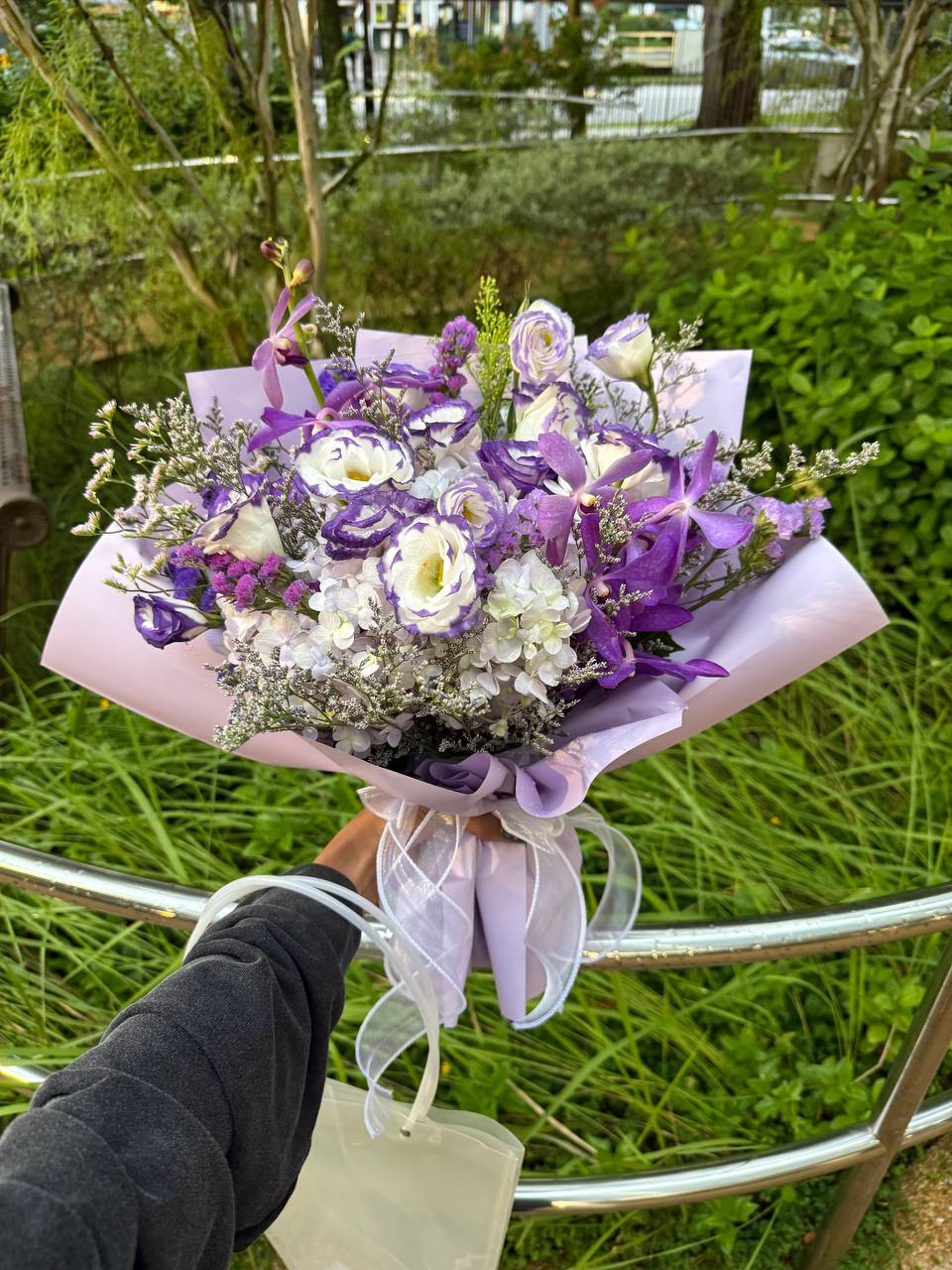 Custom Purple Hydrangea, Lisianthus and Orchids Bouquet for Birthdays