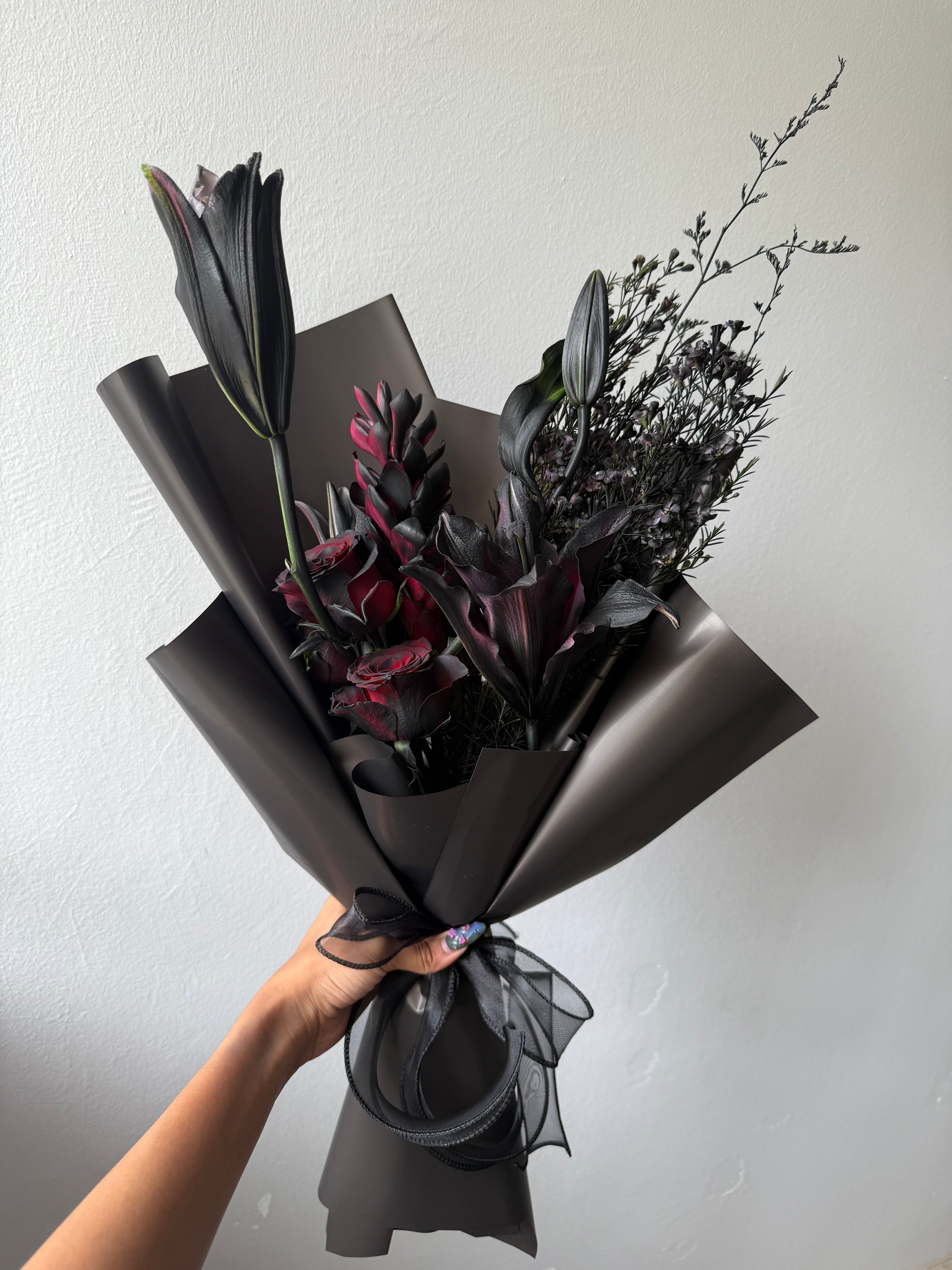 Customised Dark Lilies and Roses Bouquet