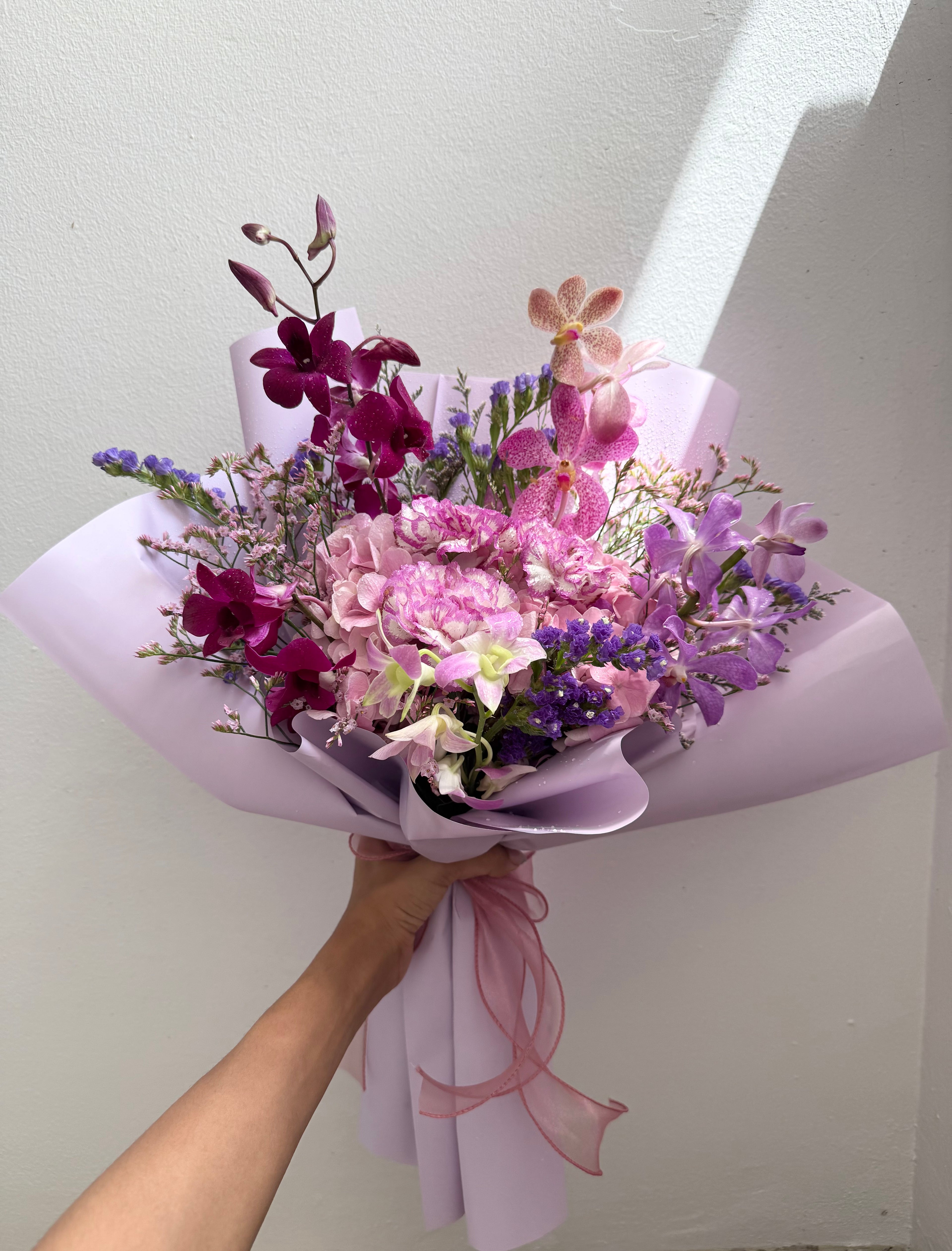 Medium Custom Purple Hydrangea, Carnations and Orchids Bouquet