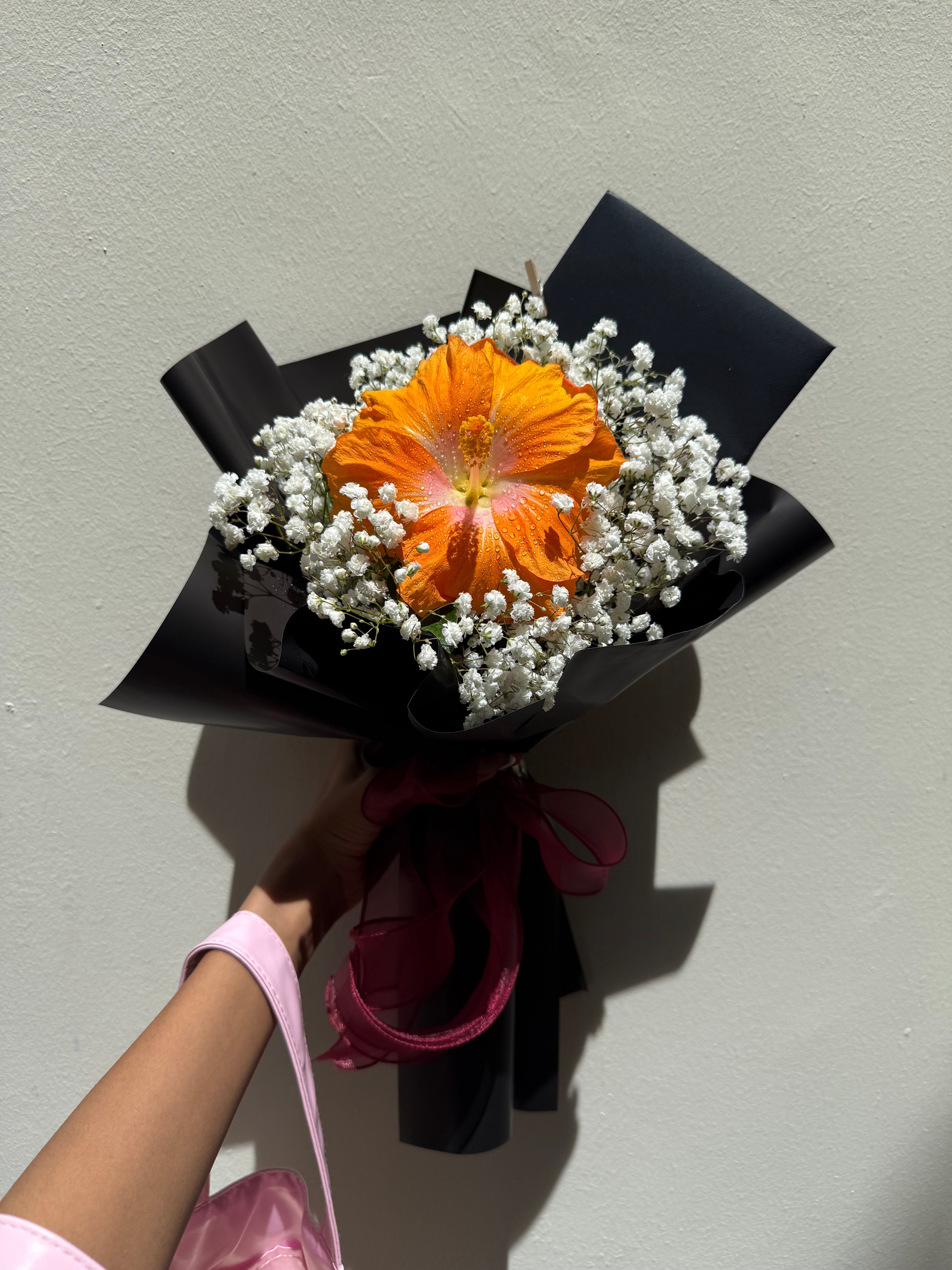Small Custom Hibiscus and Baby’s Breath Bouquet for Birthdays