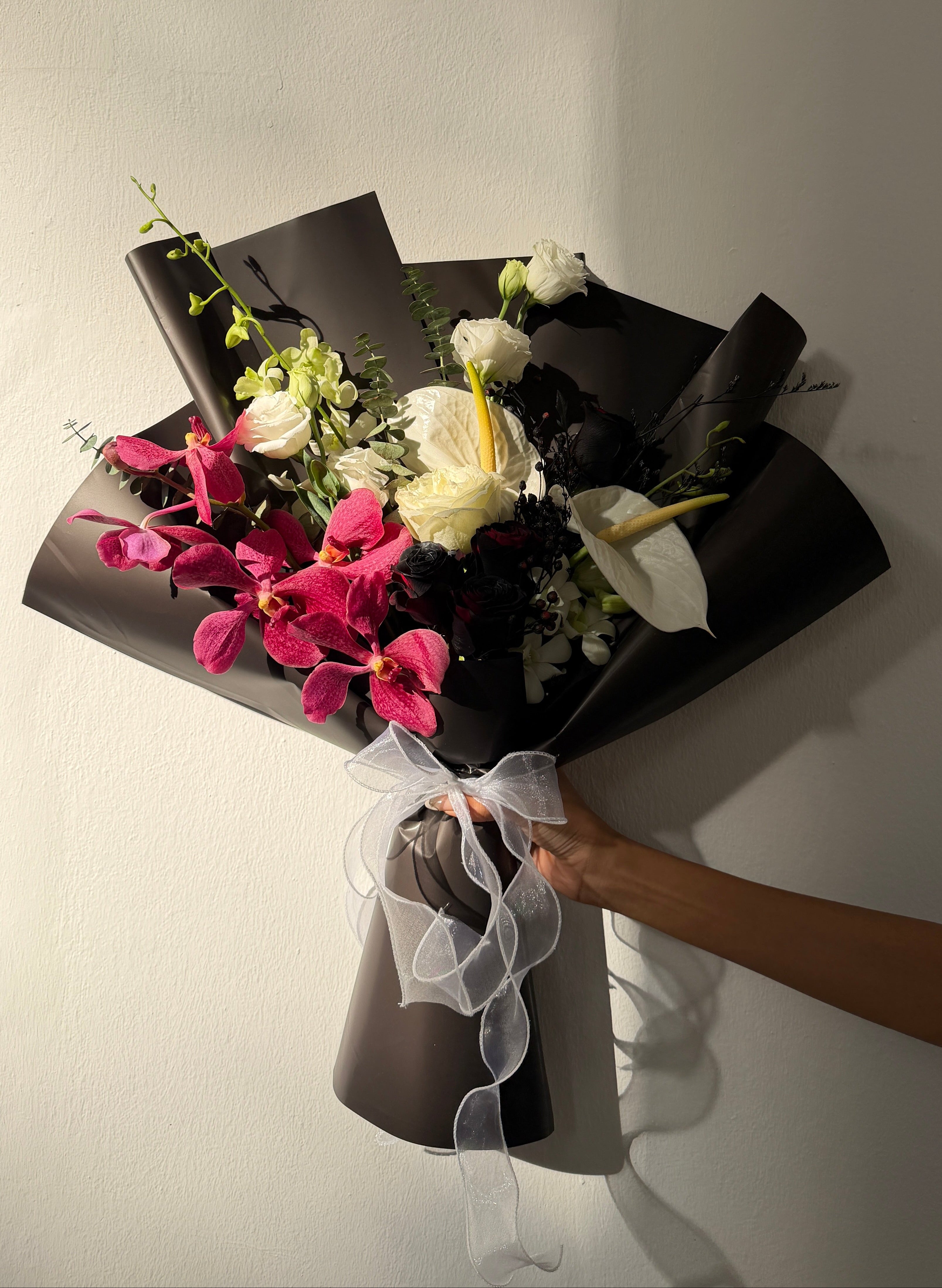 Medium Custom Dark Theme Roses and Orchids Bouquet