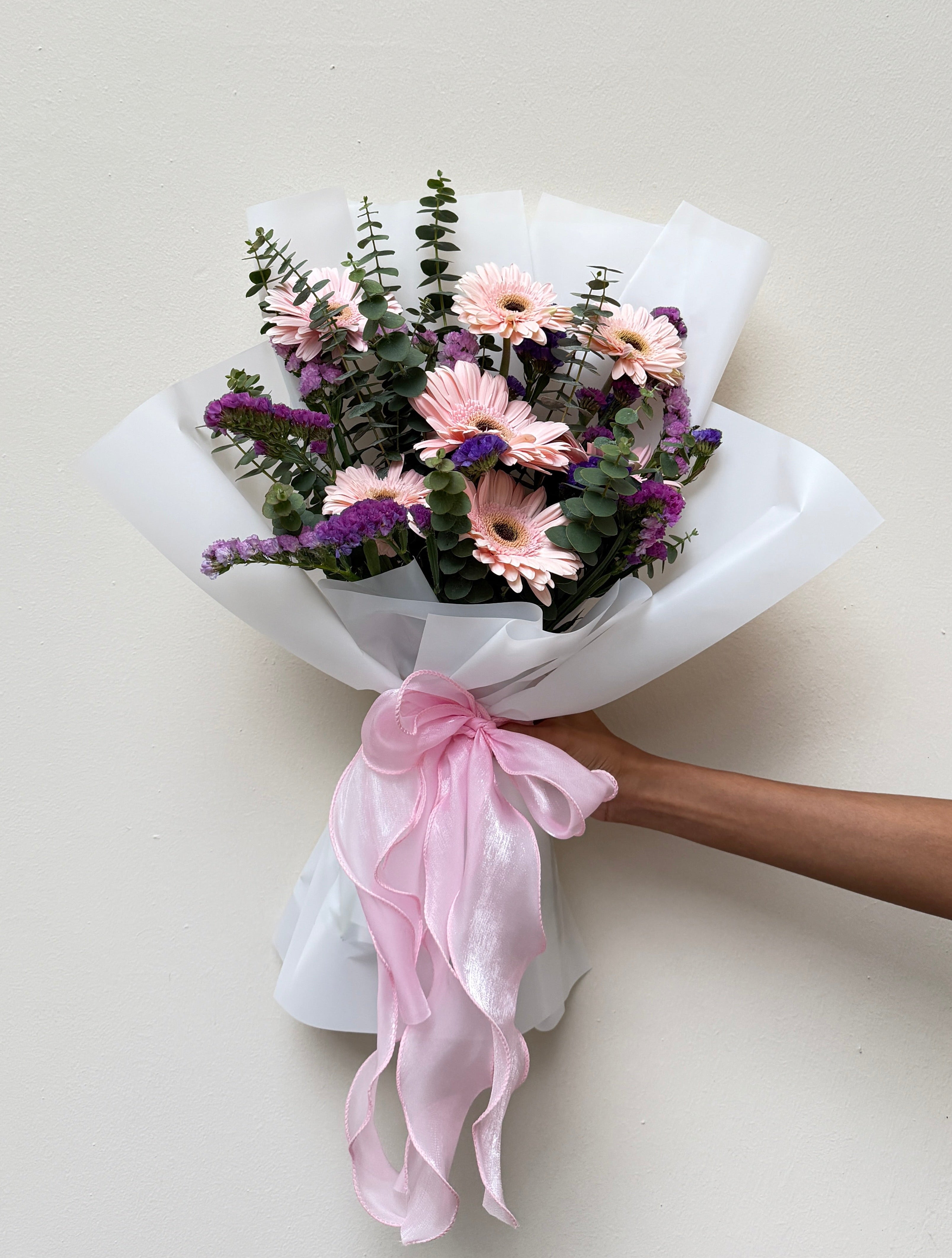 Customised Pink Gerberas and Purple Statice Bouquet