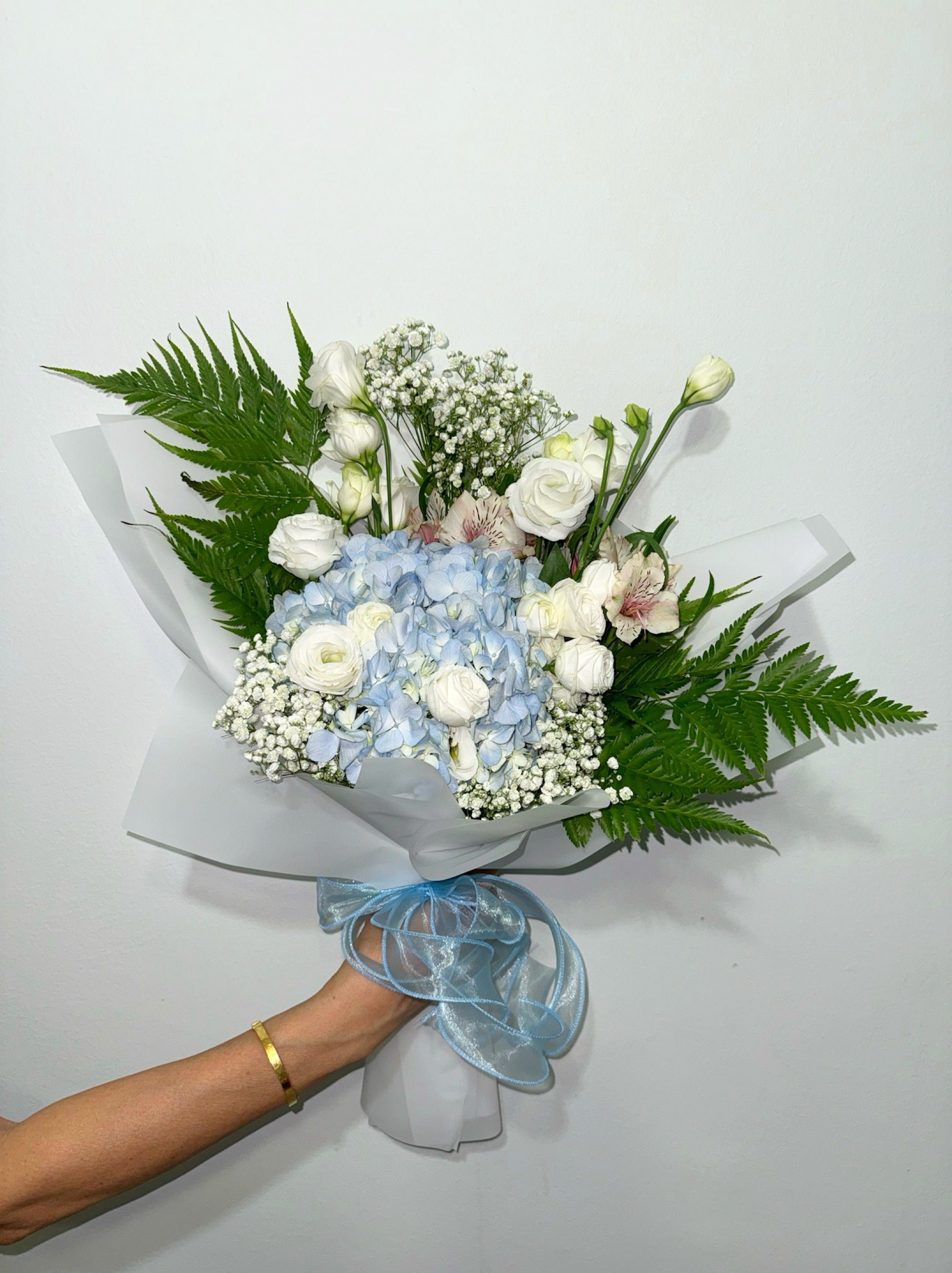 Medium Custom Blue Hydrangea and White Lisianthus Bouquet for Birthdays