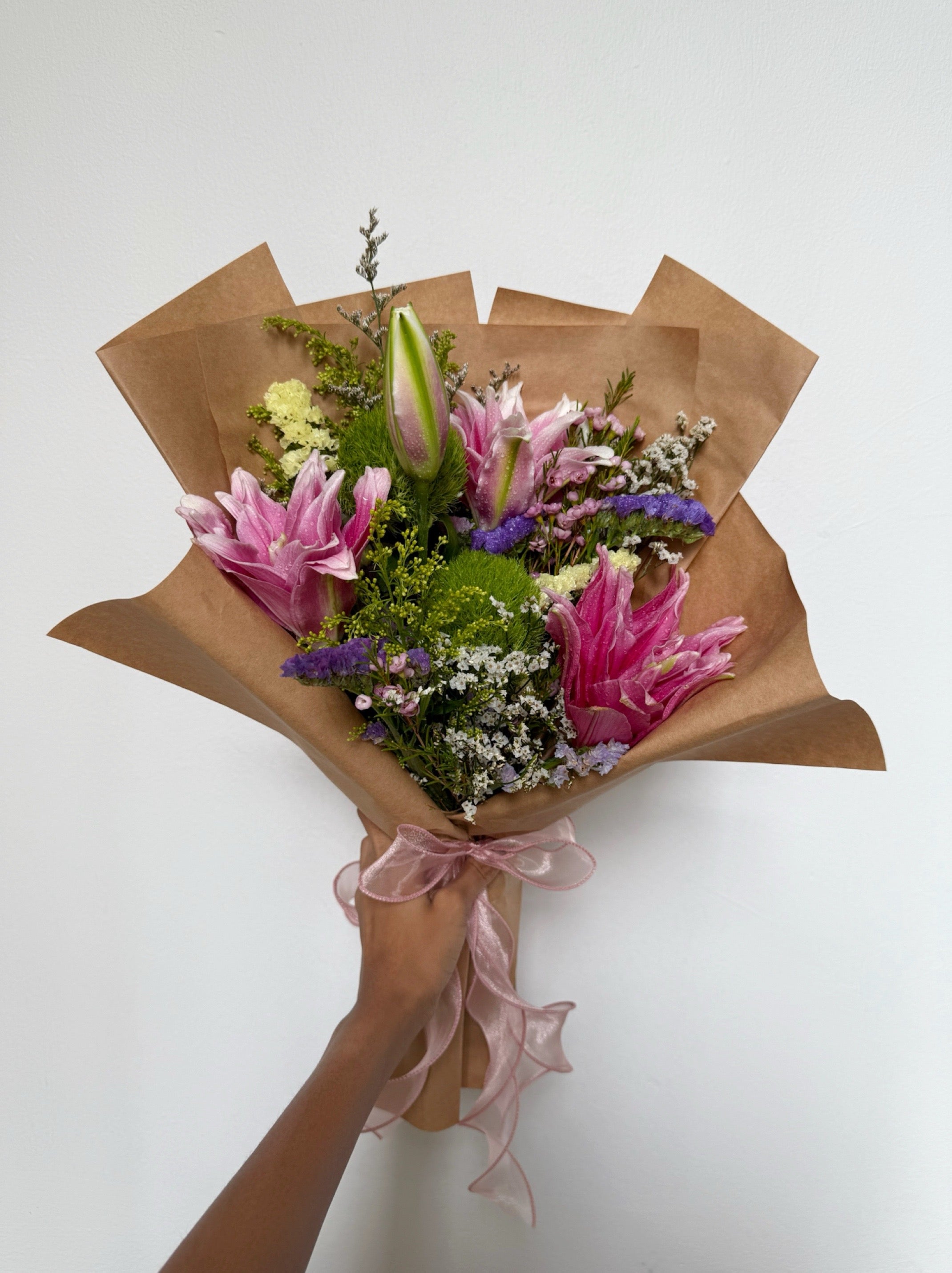 Medium Customised Pink Lilies and Statice Bouquet