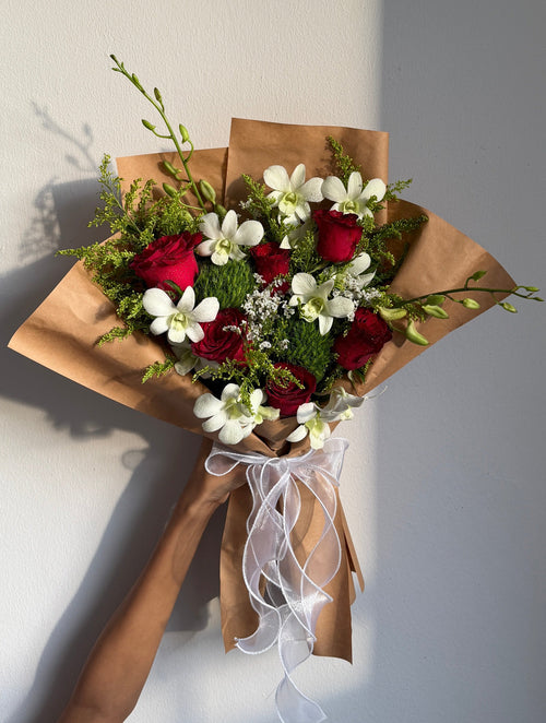 Classic Custom Red Roses and White Orchids Bouquet for Birthdays