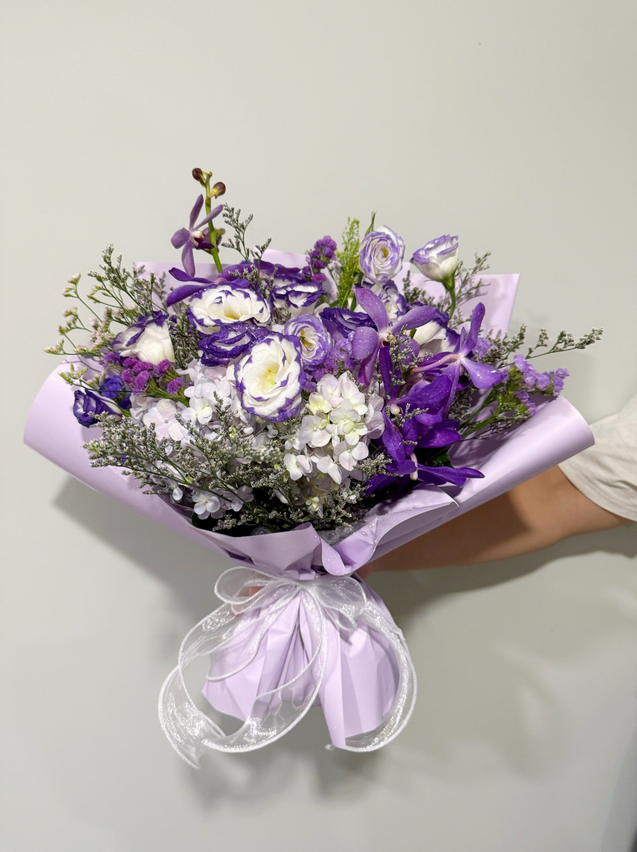 Custom Purple Hydrangea, Lisianthus and Orchids Bouquet for Birthdays